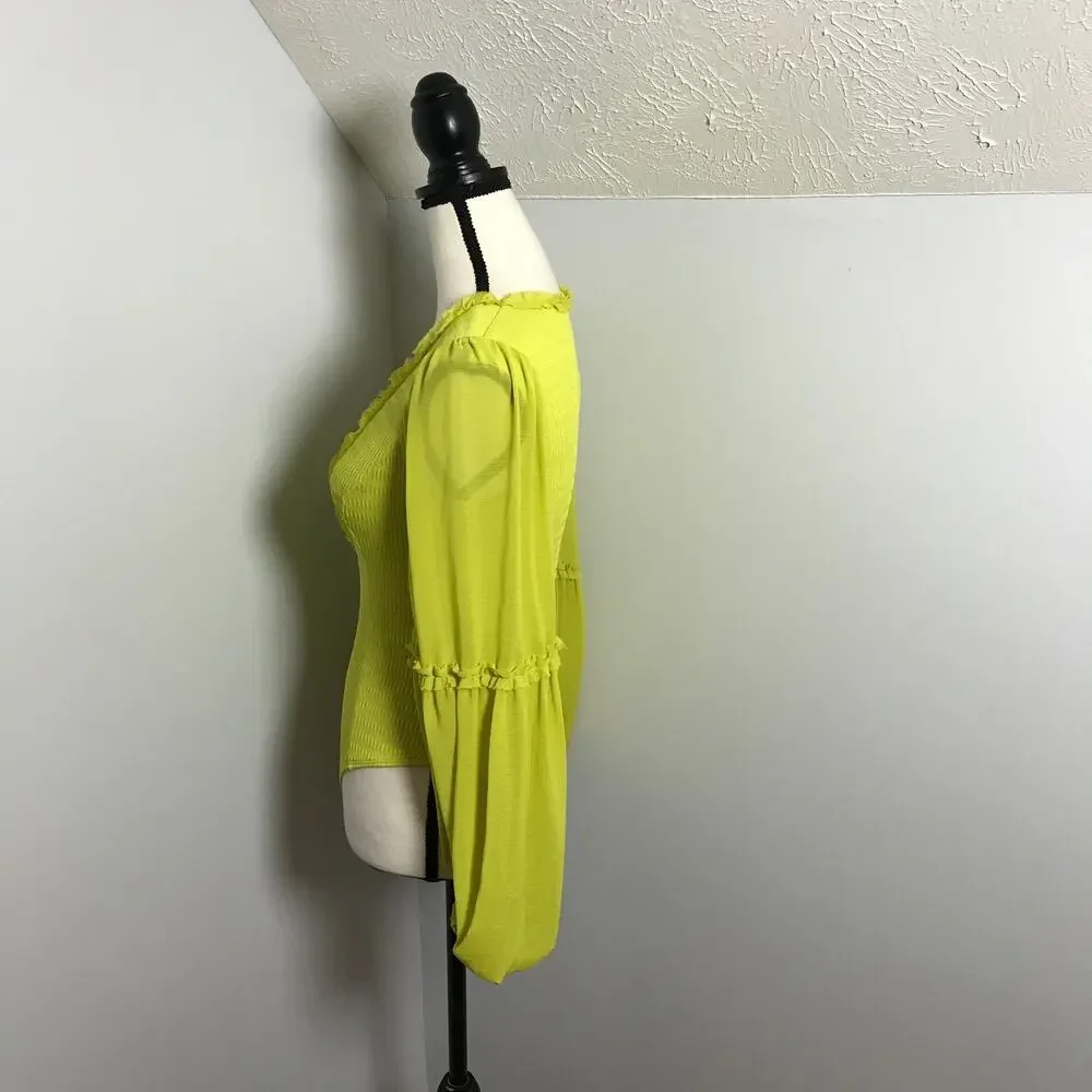 By Anthropologie Deep V Puff Sleeve Bodysuit XXS Green Smocked NWT